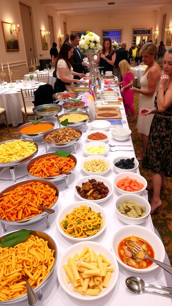 A stunning pasta bar with various pasta types, sauces, and toppings at a wedding reception.
